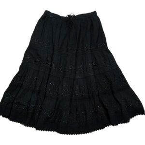Sakkas Cotton Tiered Skirt Black Embroidered Crochet Boho Hippy Festival India